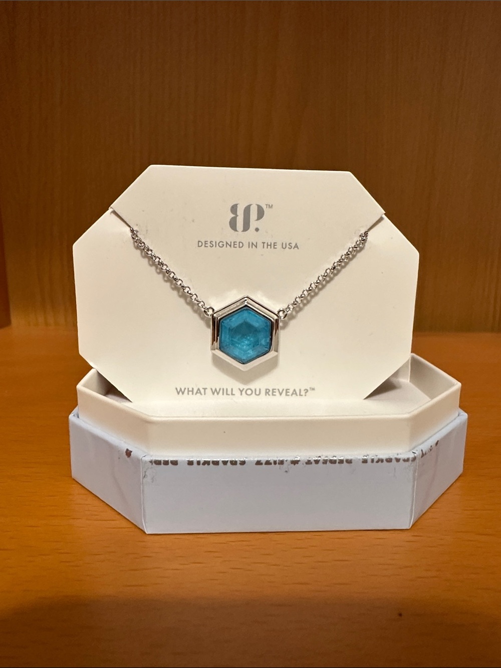 BP necklace.  Lab created light blue quartz.